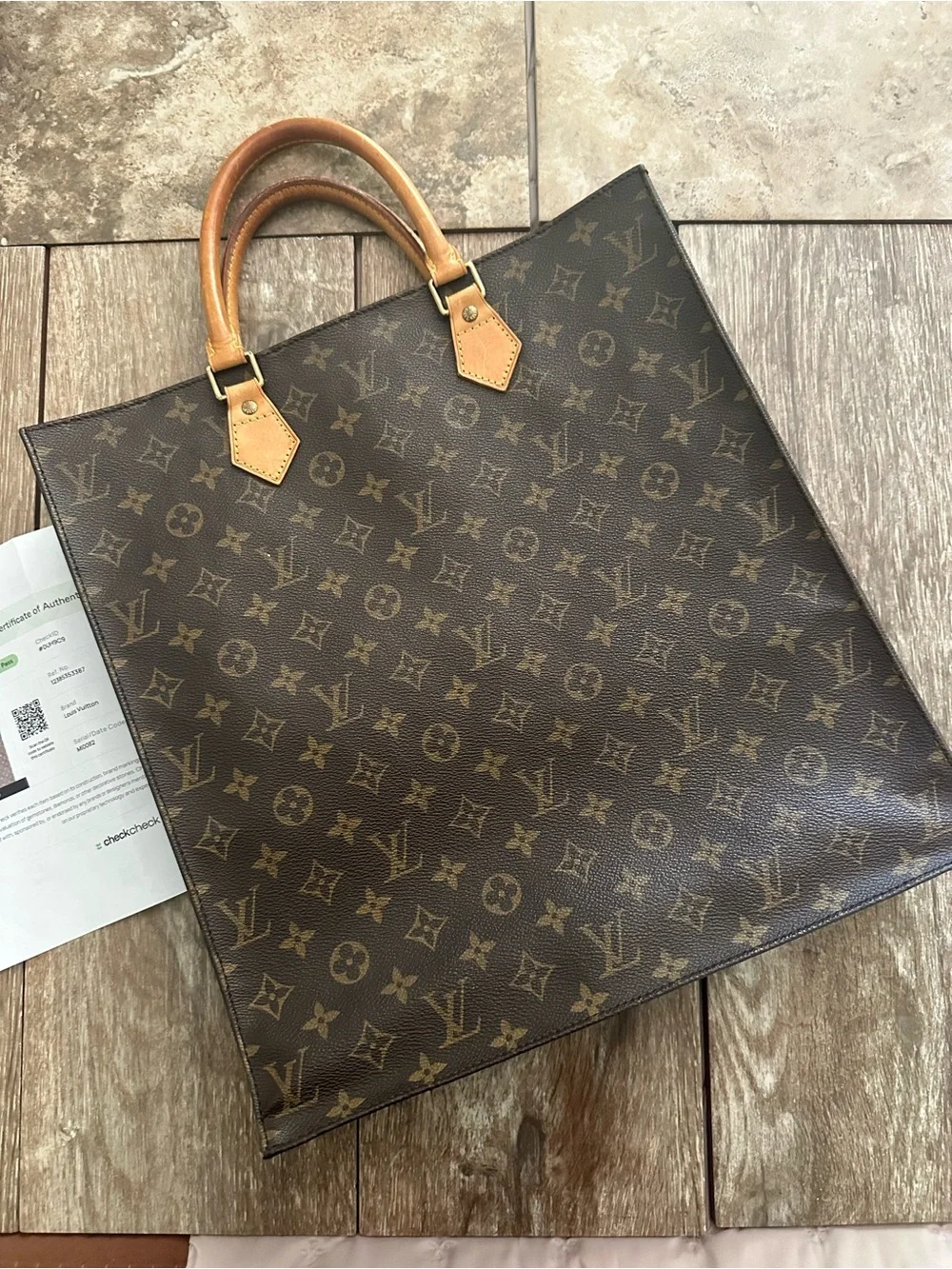Vintage, 2002 Louis Vuitton Classic Brown/Tan Monogram Canvas Sac Plat Tote Bag